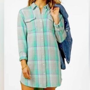 Plaid Button-Front Shirt Dress in Mint Green